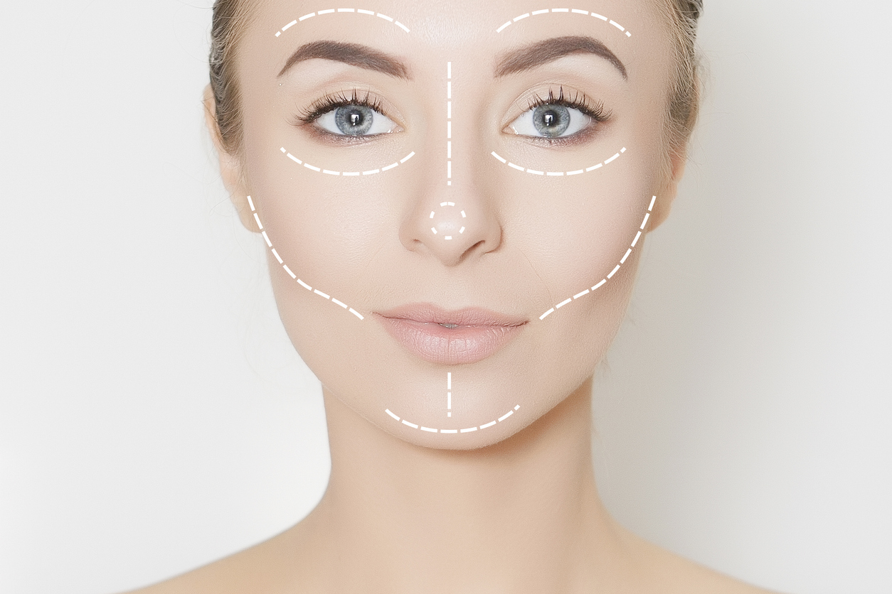 Woman's face, eyes, cheekbones, chin, and nose lined with dotted line graphics